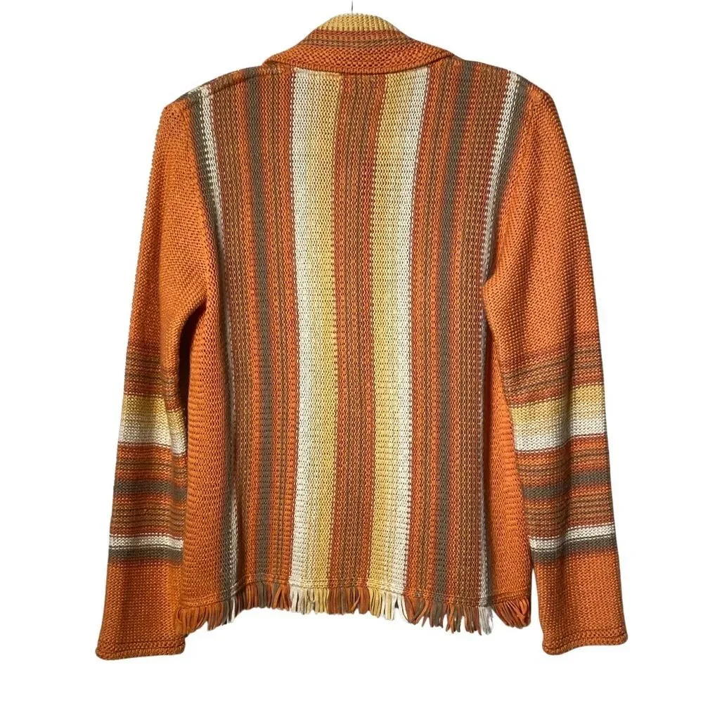 Vintage Genoa Orange Stripe Fringe Collared Cardigan Sweater M